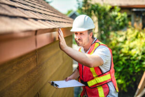 Professional roof inspection in Staten Island, NY — a man in a hard hat and safety vest examines a house gutter for maintenance and safety.