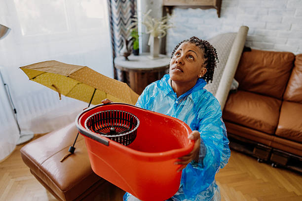 A woman stands in her living room, holding a bucket and umbrella to catch water from a roof leak during a storm.