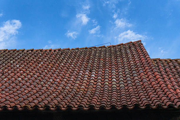  A vibrant red roof contrasted against a bright blue sky, highlighting storm damage and a leak issue.