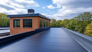 A modern flat roof with a black membrane, adjacent to a red brick building with large grid windows and a roof vent, set against a backdrop of green trees and a cloudy blue sky.