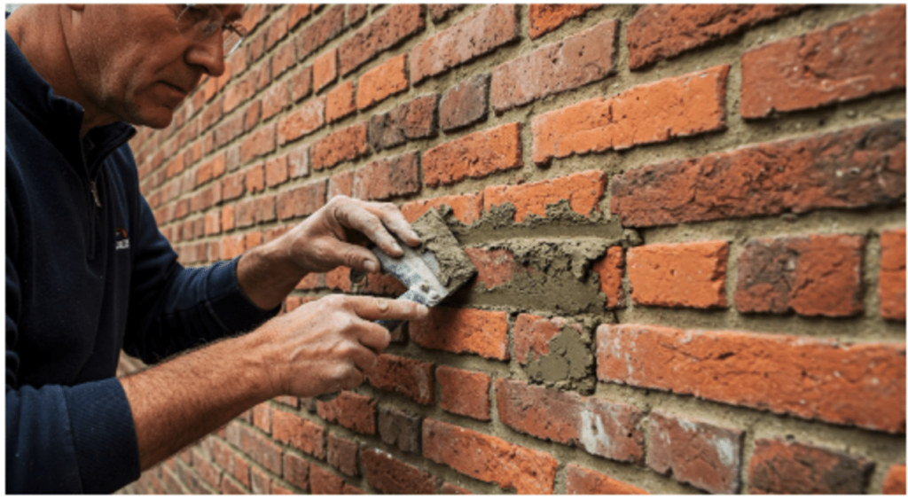 A person in a blue sweater repoints red bricks with a trowel, applying fresh mortar between them. The image conveys a sense of careful craftsmanship in masonry restoration service.